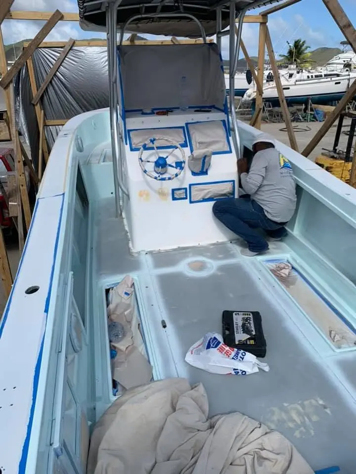 Marine varnishing of yacht brightwork by SXM Refinishing in Philipsburg, St. Maarten