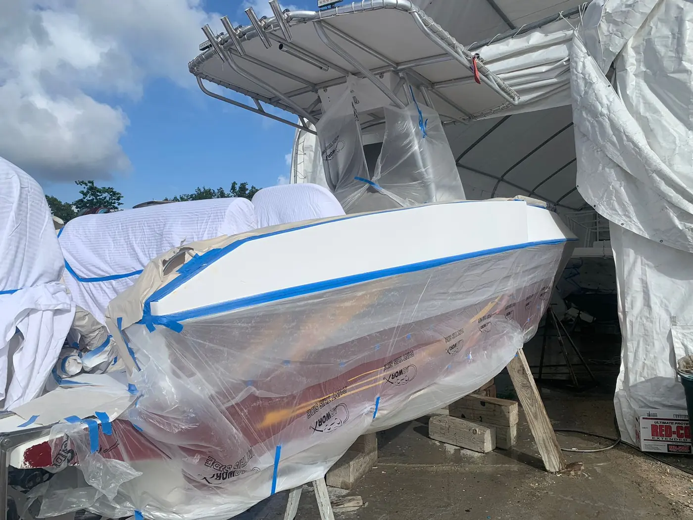 Centre console hull masked and primed ready for topcoat by SXM Refinishing in St. Maarten
