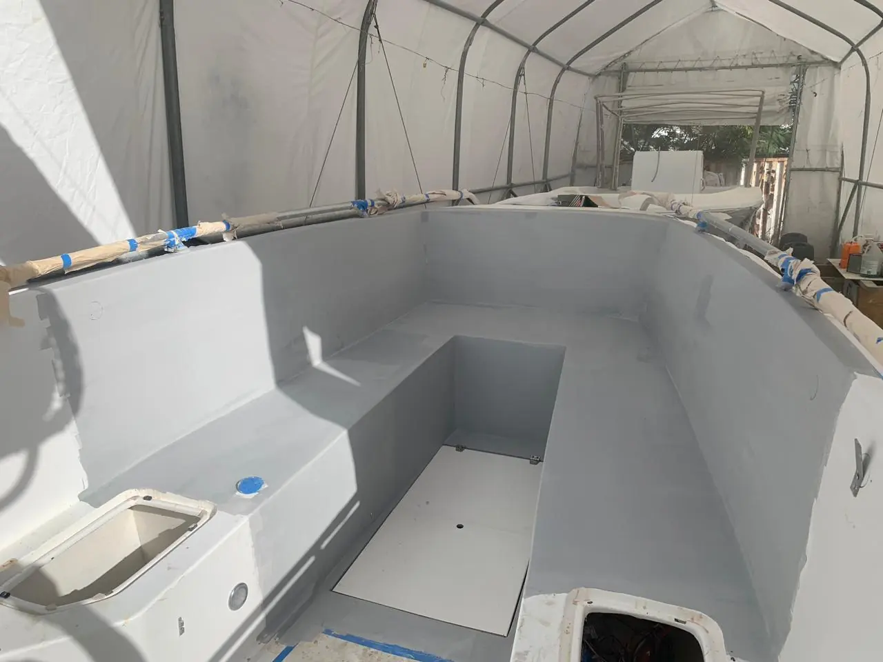 Interior cockpit fully primed in grey before final coats by SXM Refinishing in St. Maarten
