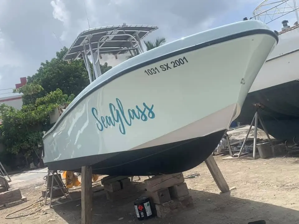 Freshly repainted centre console SeaGlass on the hard by SXM Refinishing in St. Maarten